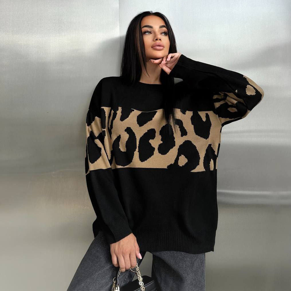 Women's Fashionable Leopard Print Loose Casual Long Sleeves Round Sweaters