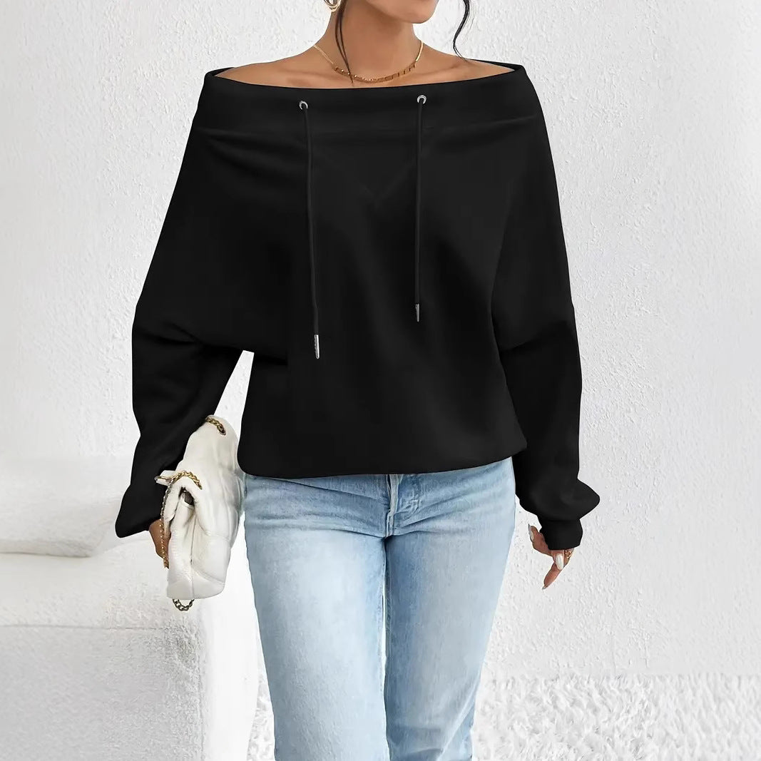 Women's Oblique Shoulder Loose Casual Drawstring Sweatshirt Women's Sweater, Sweater