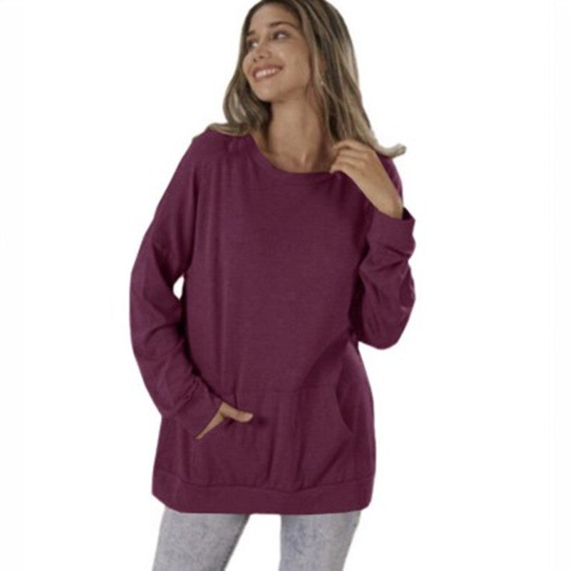 Women's Round Neck Loose Pocket Long Sleeve Tops