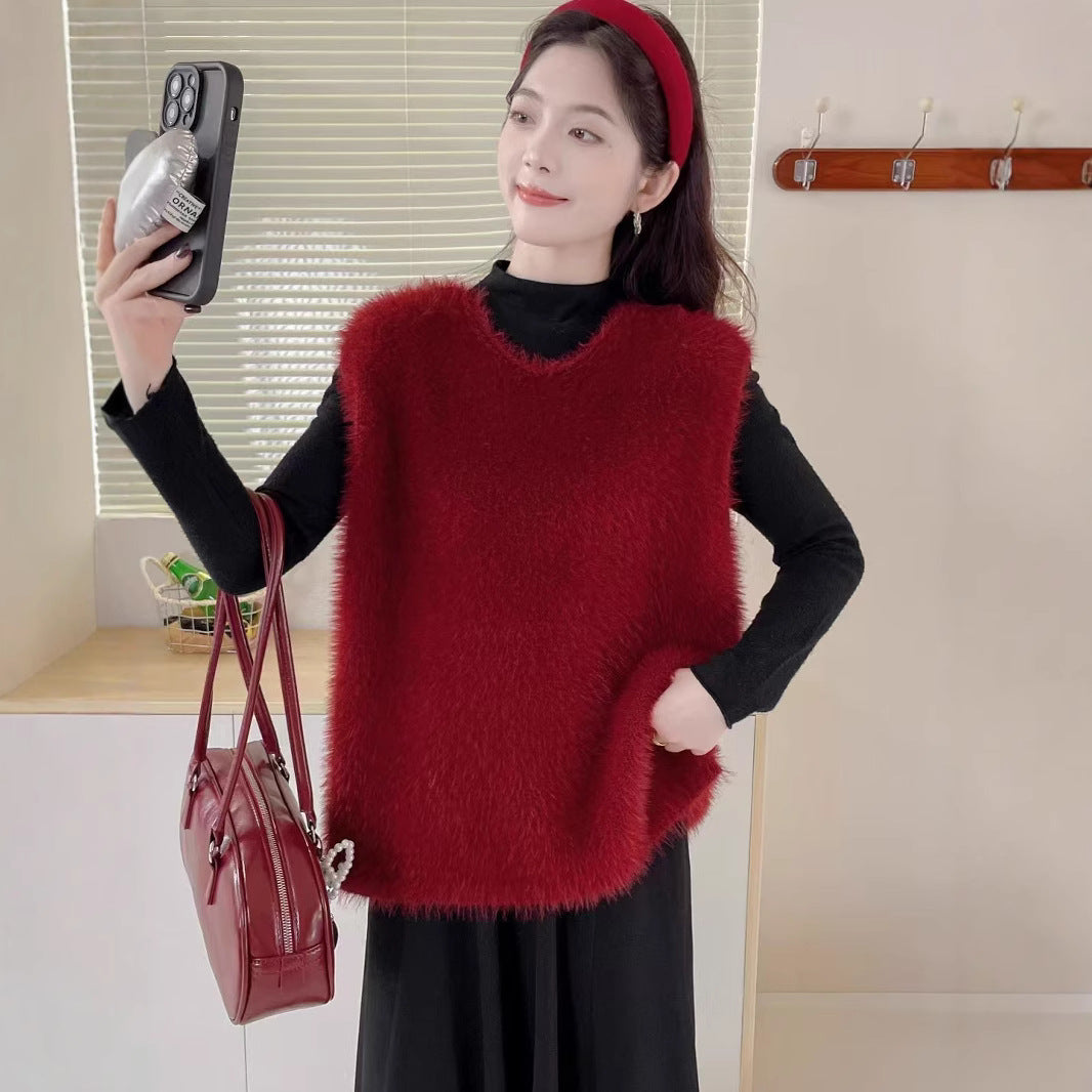 Women's Wool Sleeveless Knit Korean Bandage Dress Waistcoat Outer Vests