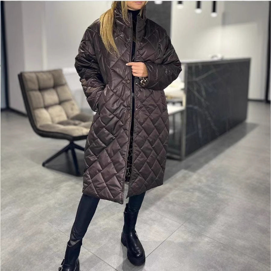 Glossy Veet Long Below The Knee Rhombus Cotton Coats