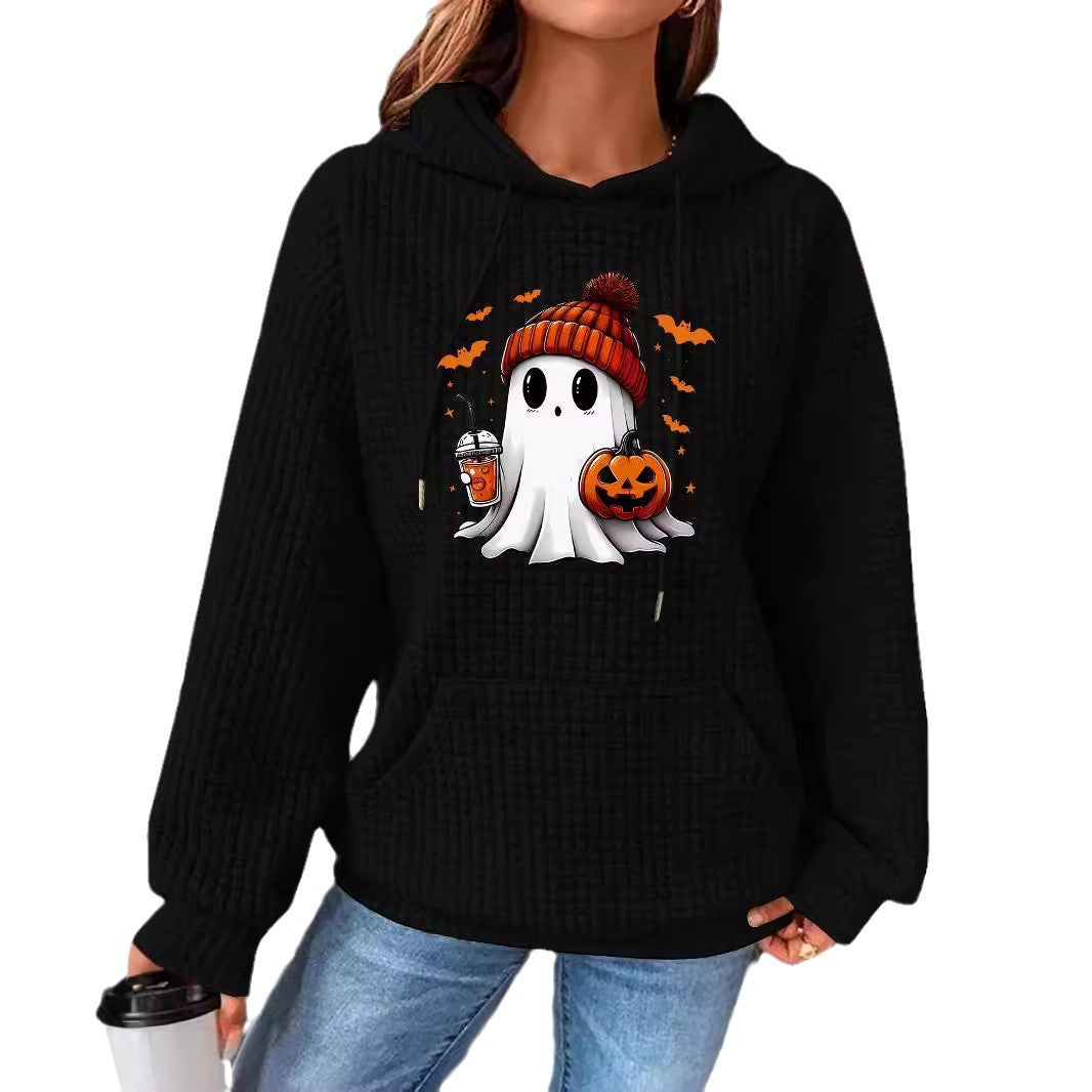 Women's Waffle Hooded Long-sleeved Halloween Printed Loose Sweaters