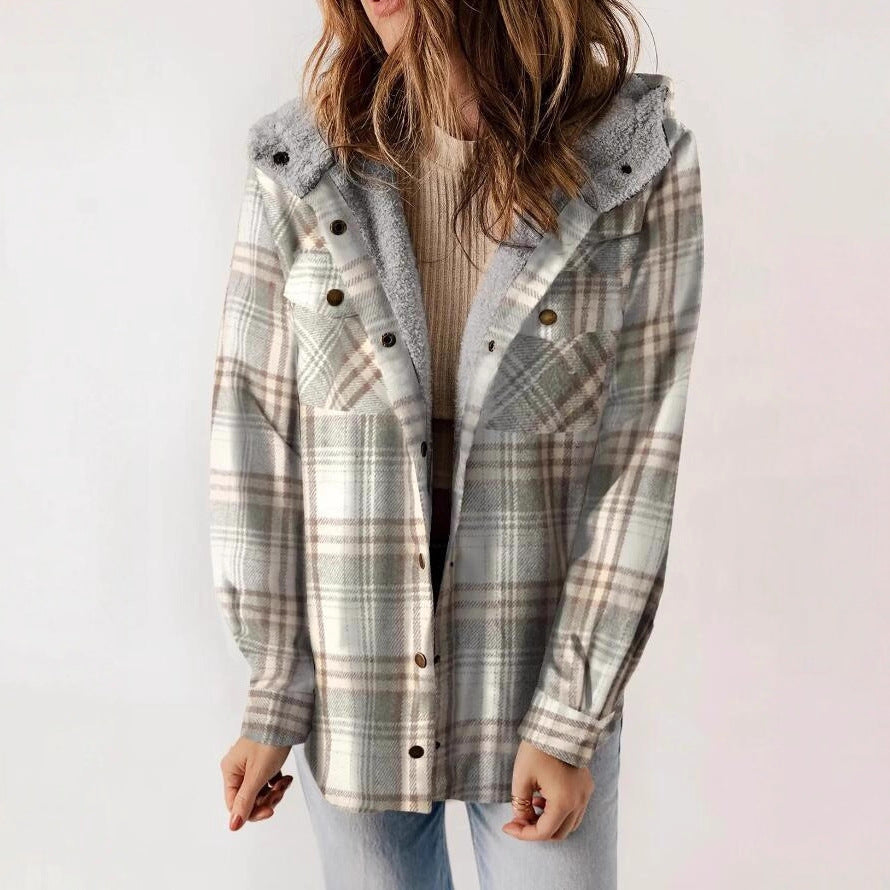 Women's Plaid Long Sleeve Furry Hooded With Coats