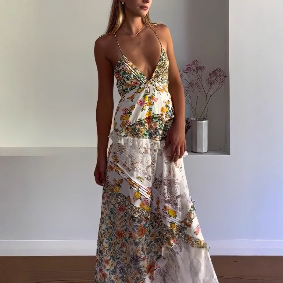 Women's Vacation Dress Hollow Slim Deep V Dresses