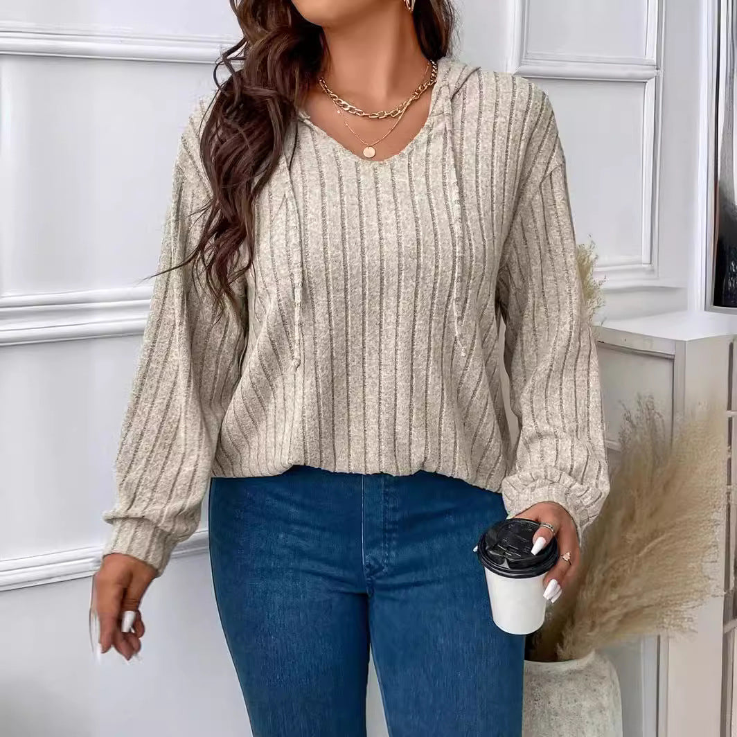 Women's Color Clothes Hooded Long Sleeve Sunken Stripe Women's T-shirt