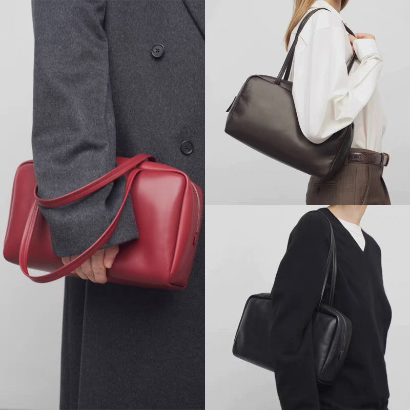 Women's Minimalist Bowling Cowhide Leather Commute Large Small Square Bags