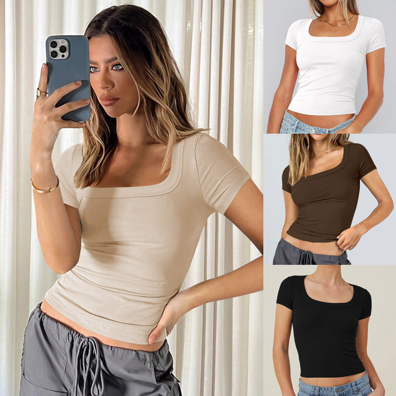 Women's Summer Cropped Slim Fit Square Collar Short-sleeved Thread Vests
