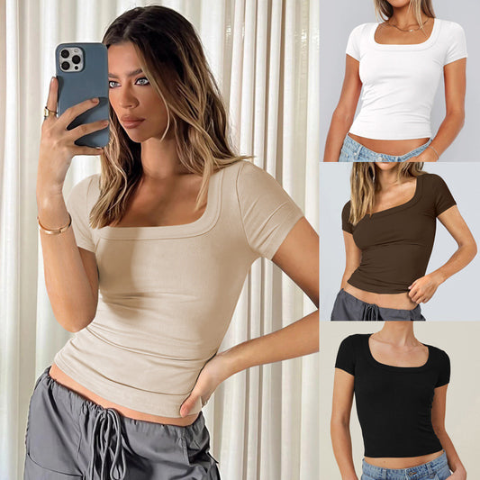 Women's Summer Cropped Slim Fit Square Collar Short-sleeved Thread Vests