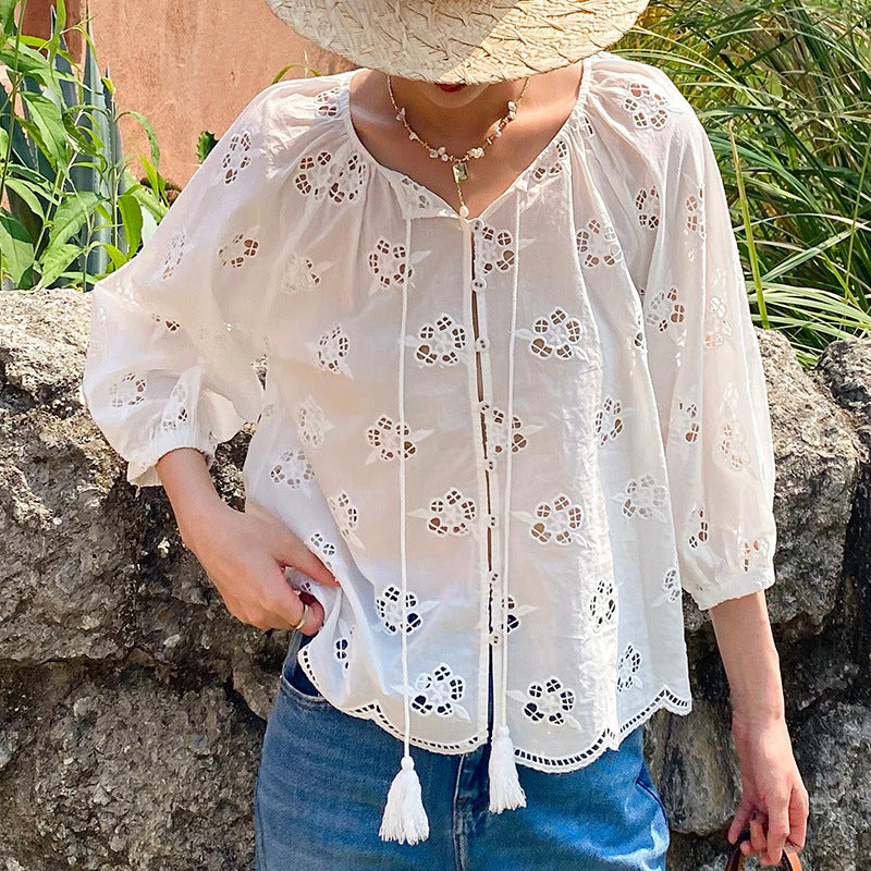 Women's French Embroidery Hollow Out White Shirt Tops