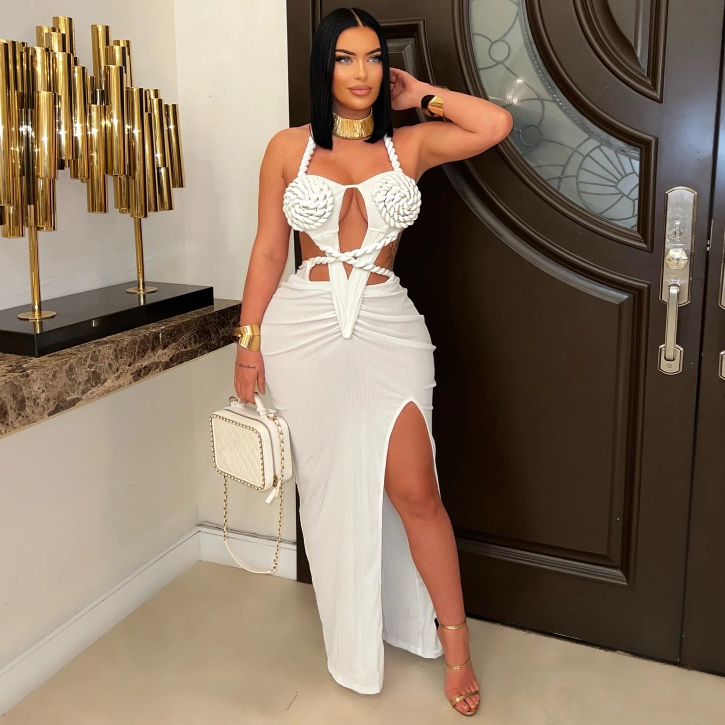 Women's Wear Halter Woven Hollowed Sexy Slit Dresses