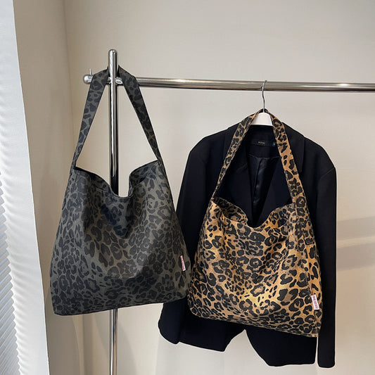 Women's Leopard Print Canvas Korean Large Capacity Commuter Shoulder Bags