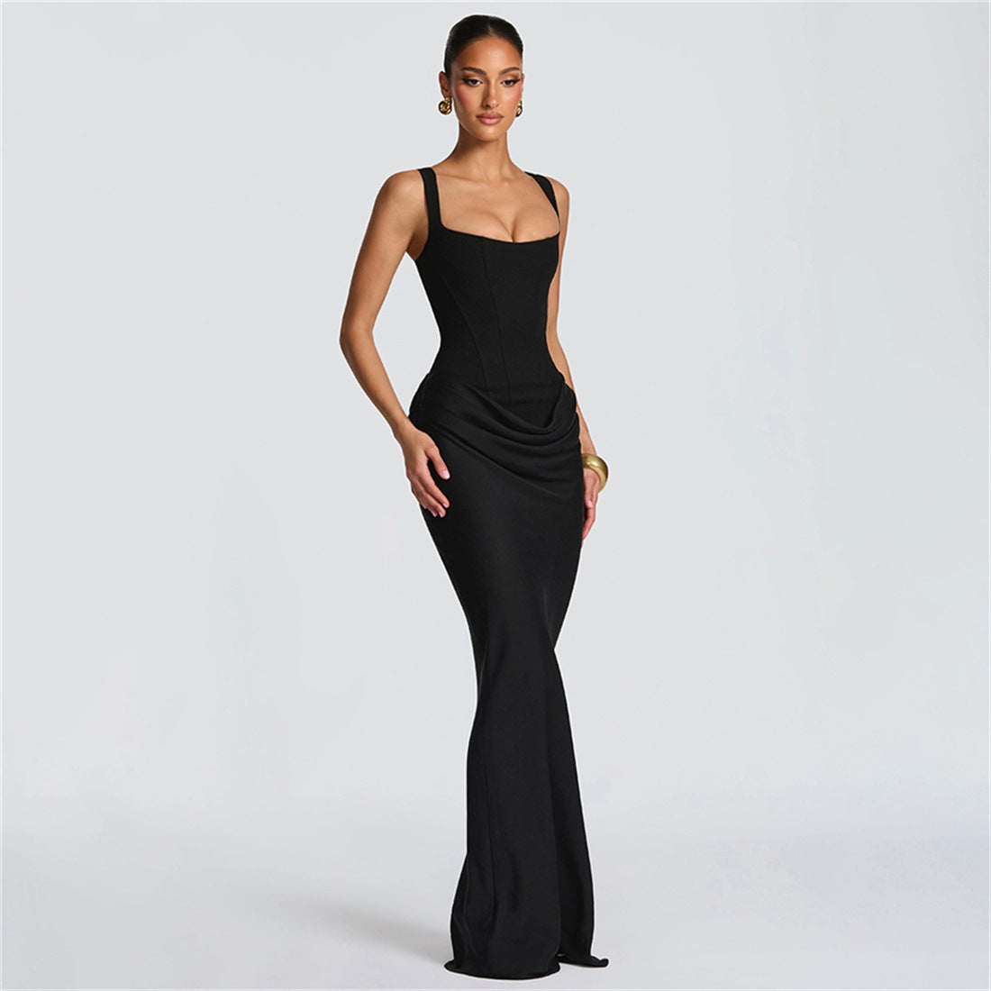 Women's Solid Color Slim Waist Ruffle Hip Temperament Dress