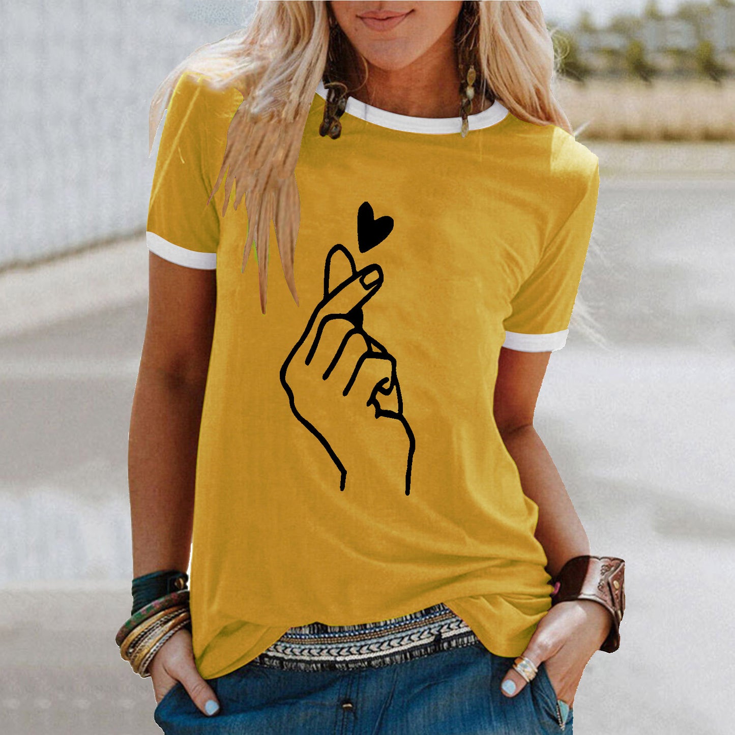 Women's Summer Shirt Finger Print Loose Round Neck Women's T-shirt