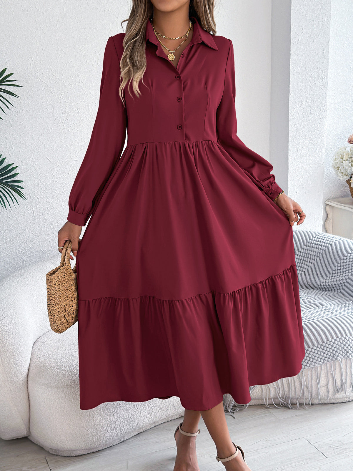 Women's Lapel Casual Loose Long Sleeve Ruffled Clothing