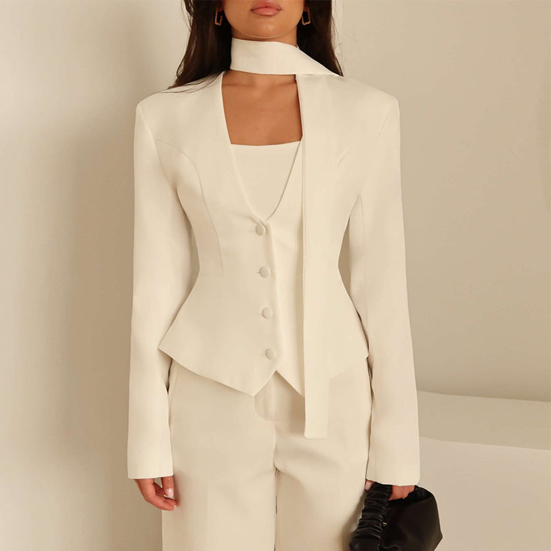 Women's Solid Color Scarf With Long Sleeves Blazers