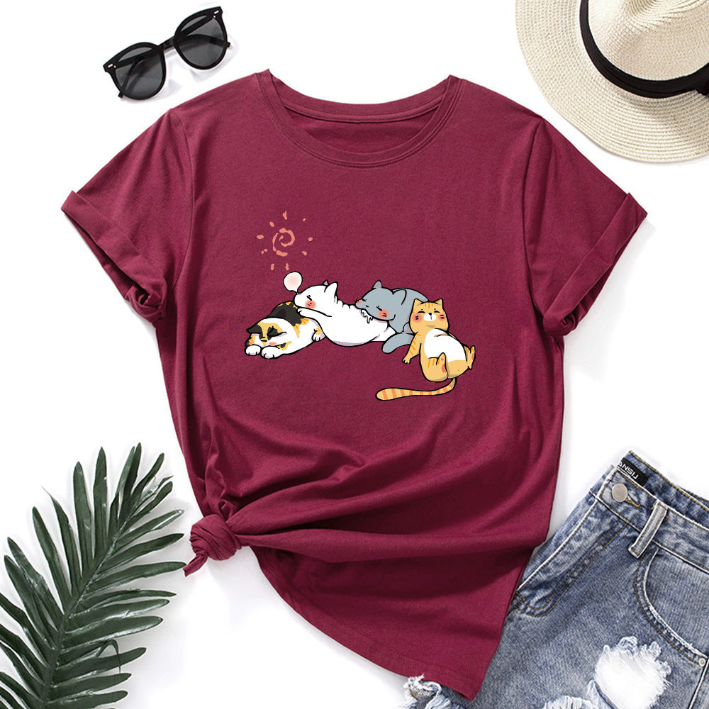 Women's Sleeping Cat Printing Loose Round Neck Sleeve Women's T-shirt