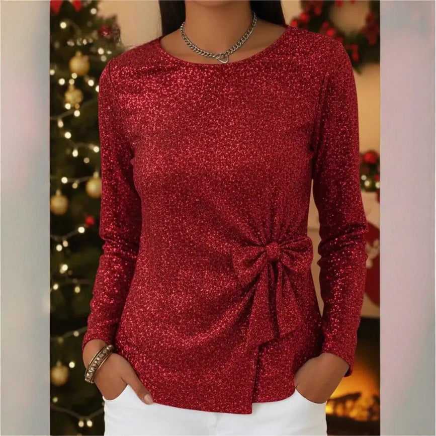 Women's Fashion Shiny Bow Long Sleeve Pullover Women's T-shirt