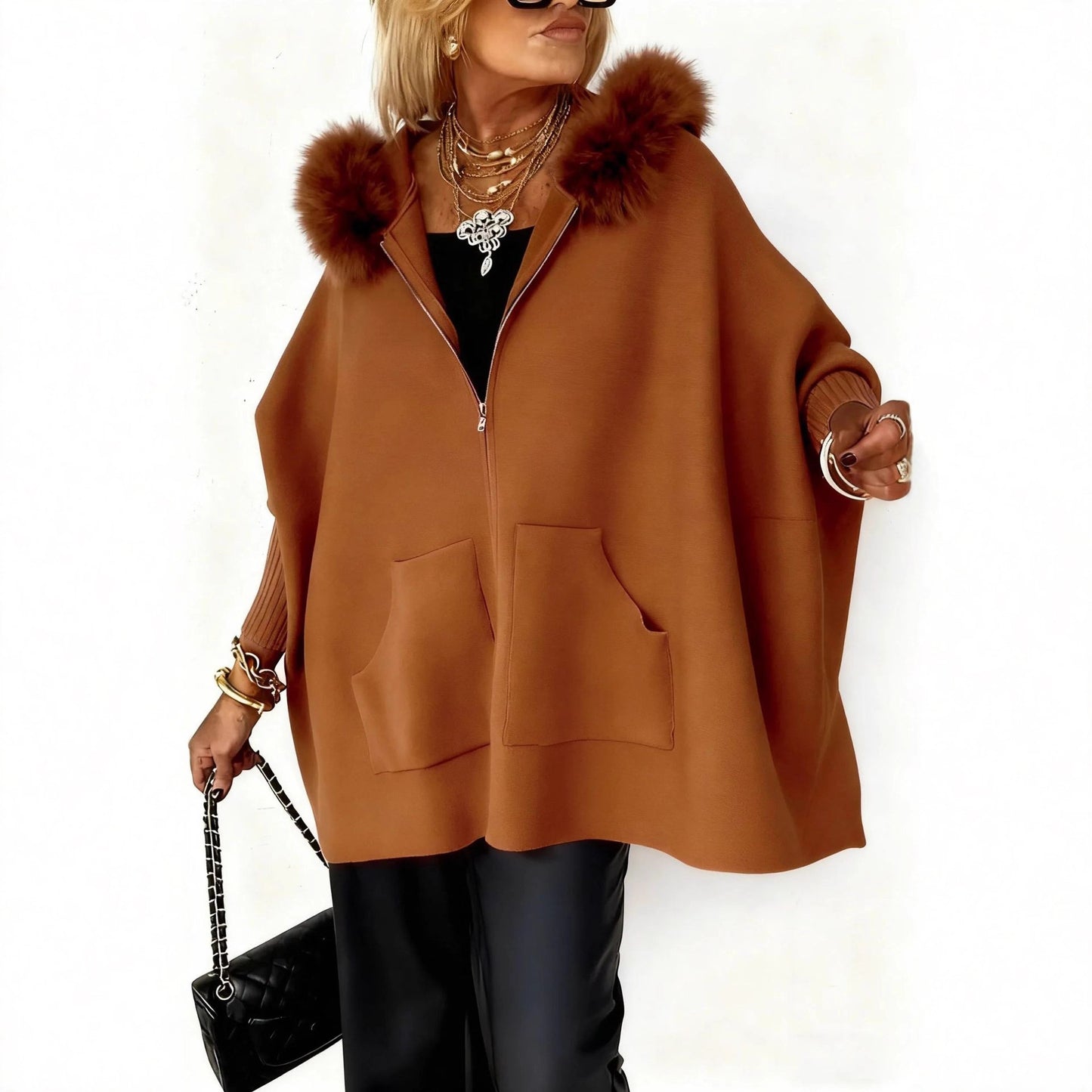 Fashion Loose Pockets Zipper Big Fur Coats