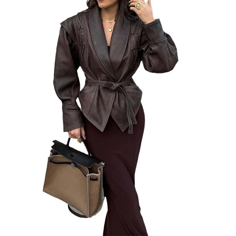 Temperament Lapel Tied Long Sleeve Leather Jackets