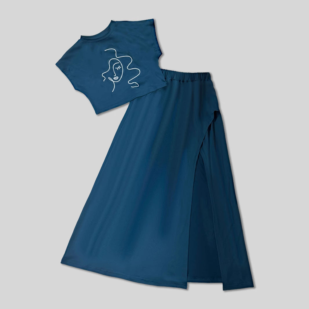 Women's Printed T-shirt Sexy Slit Two-piece Set Fashion Casual Suit