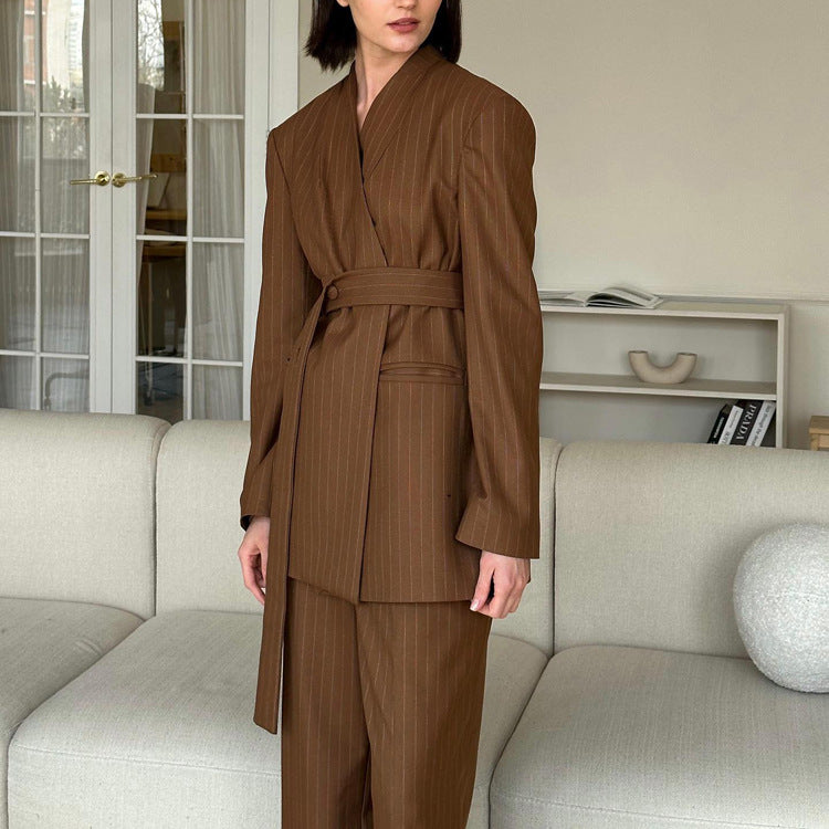 Women's Striped High-grade Long-sleeved Belt Two-piece Suits