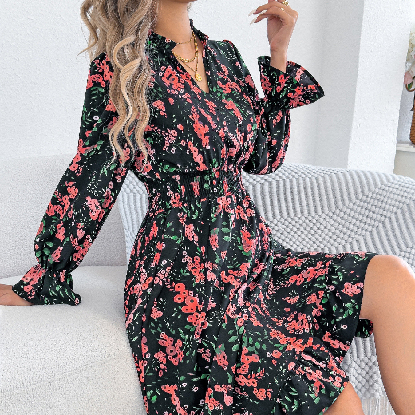 Women's Casual Floral Flared Sleeve Waist A- Dress