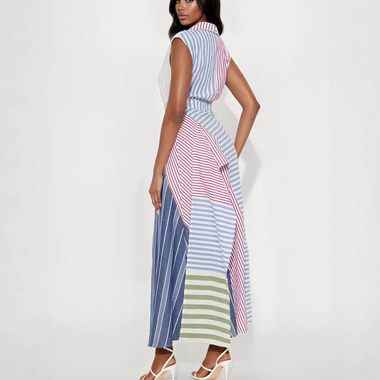 Women's Contrast Color Patchwork Stripes Dress Irregular Dresses
