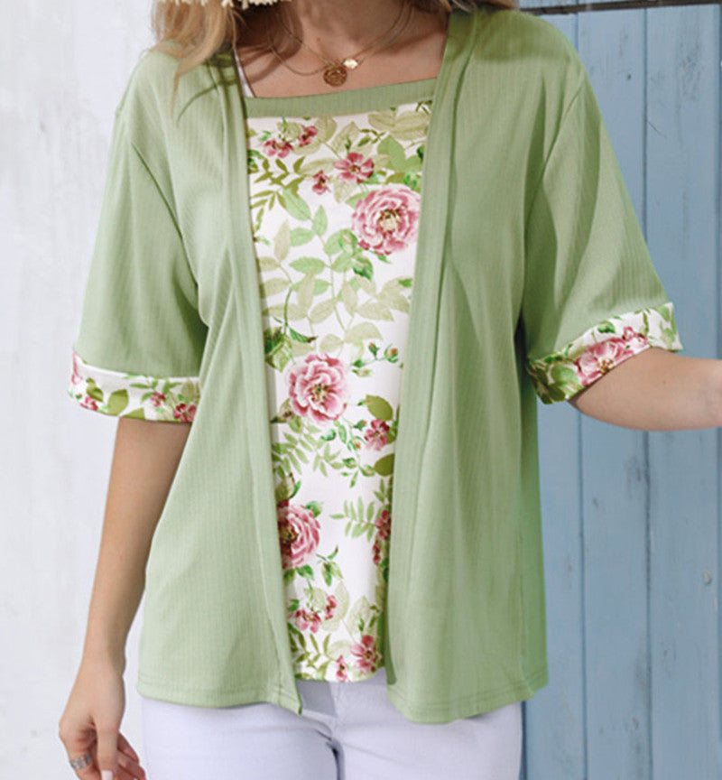 Women's Solid Color Printing Stitching Faux Two-piece Women's T-shirt