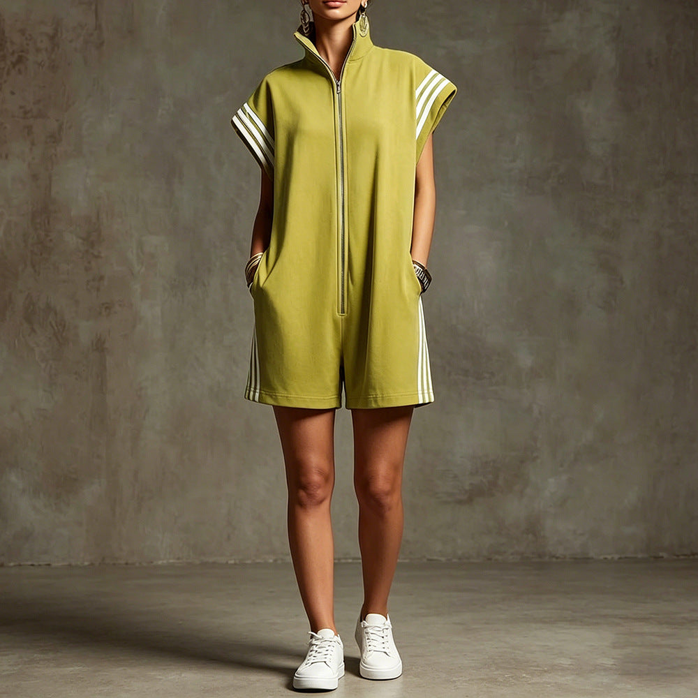 Women's Stand Collar Casual Zipper Striped Contrast Color Clothing