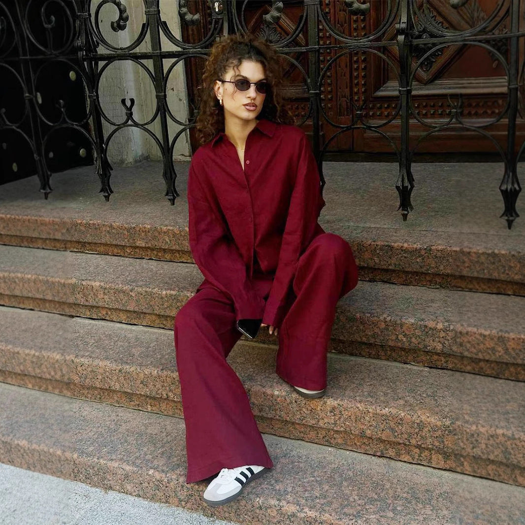 Women's Vacation Style Long-sleeved Shirt Two-piece Pants