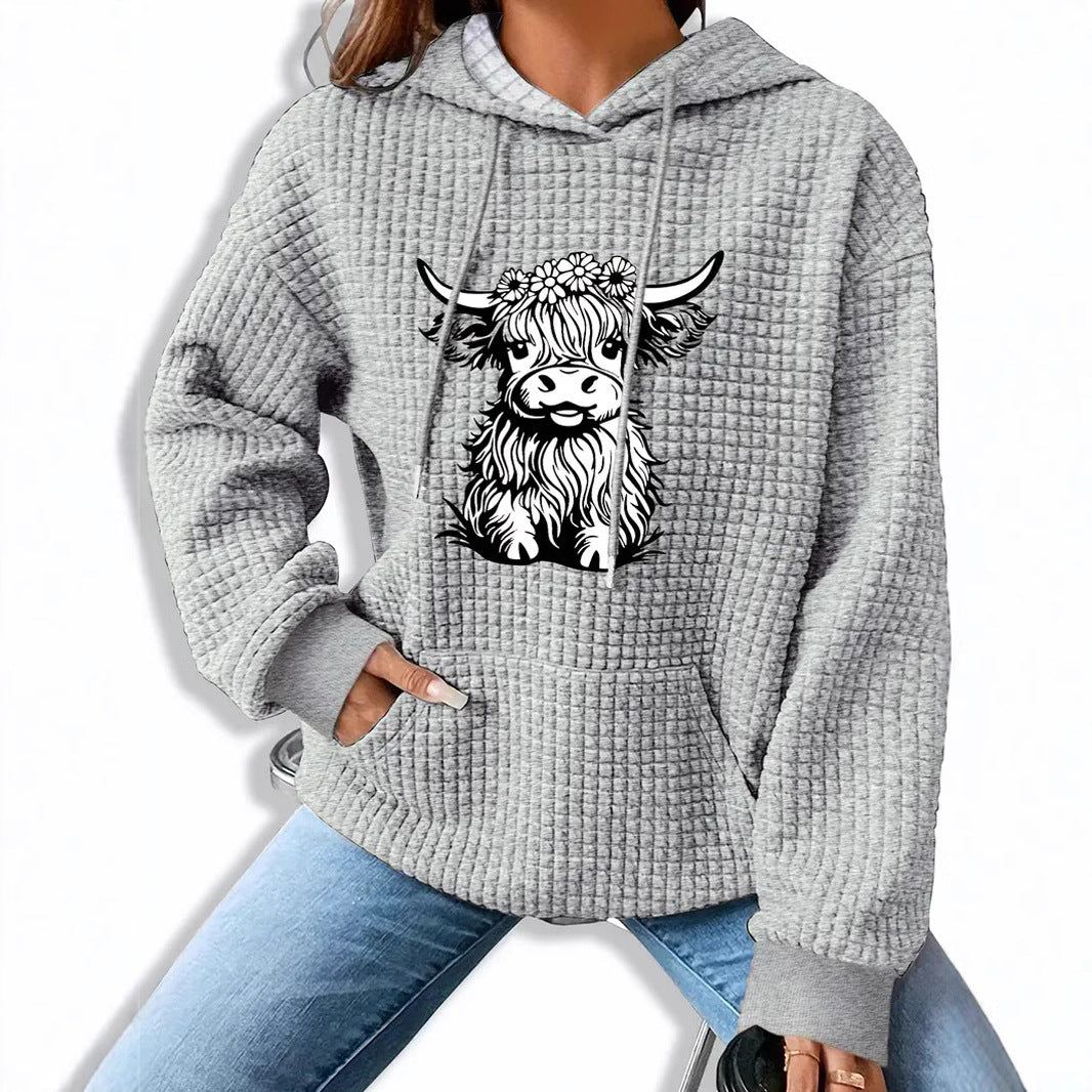 Women's Hooded Long Sleeve Fleece Pullover Highland Cow Women's Sweater, Sweater