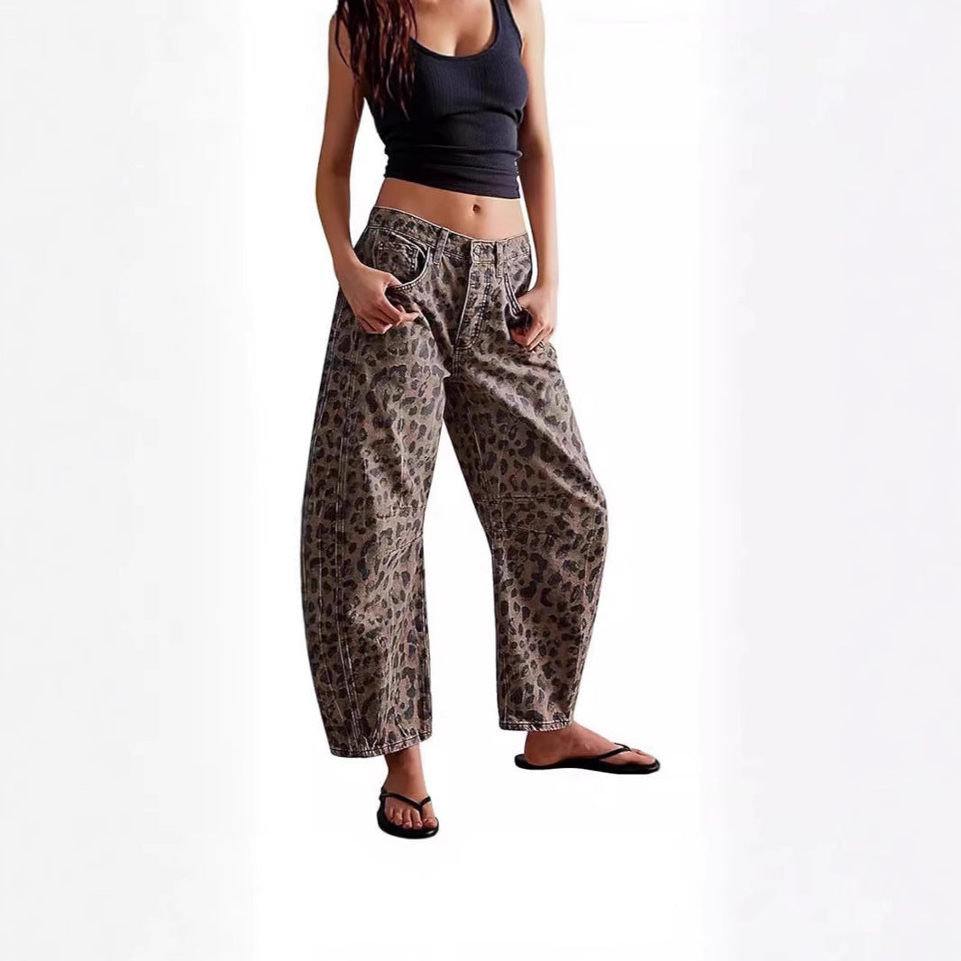 Women's Casual Loose Waist Washed Denim Trousers American Women's Jeans