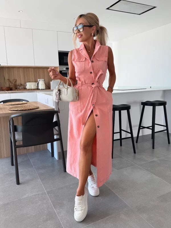 Sleeveless Long Tie Waist Single-breasted Denim Dresses