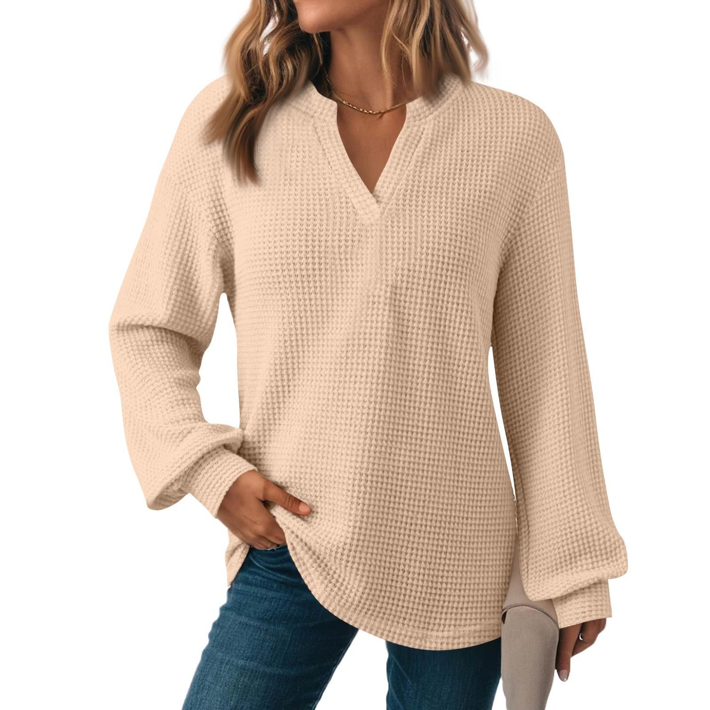 Women's Solid Color Waffle Loose Long Sleeve Women's Sweater, Sweater
