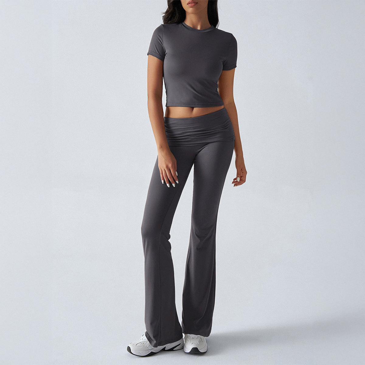 Women's Solid Color Short-sleeved High Waist Trousers Fashion Casual Suit