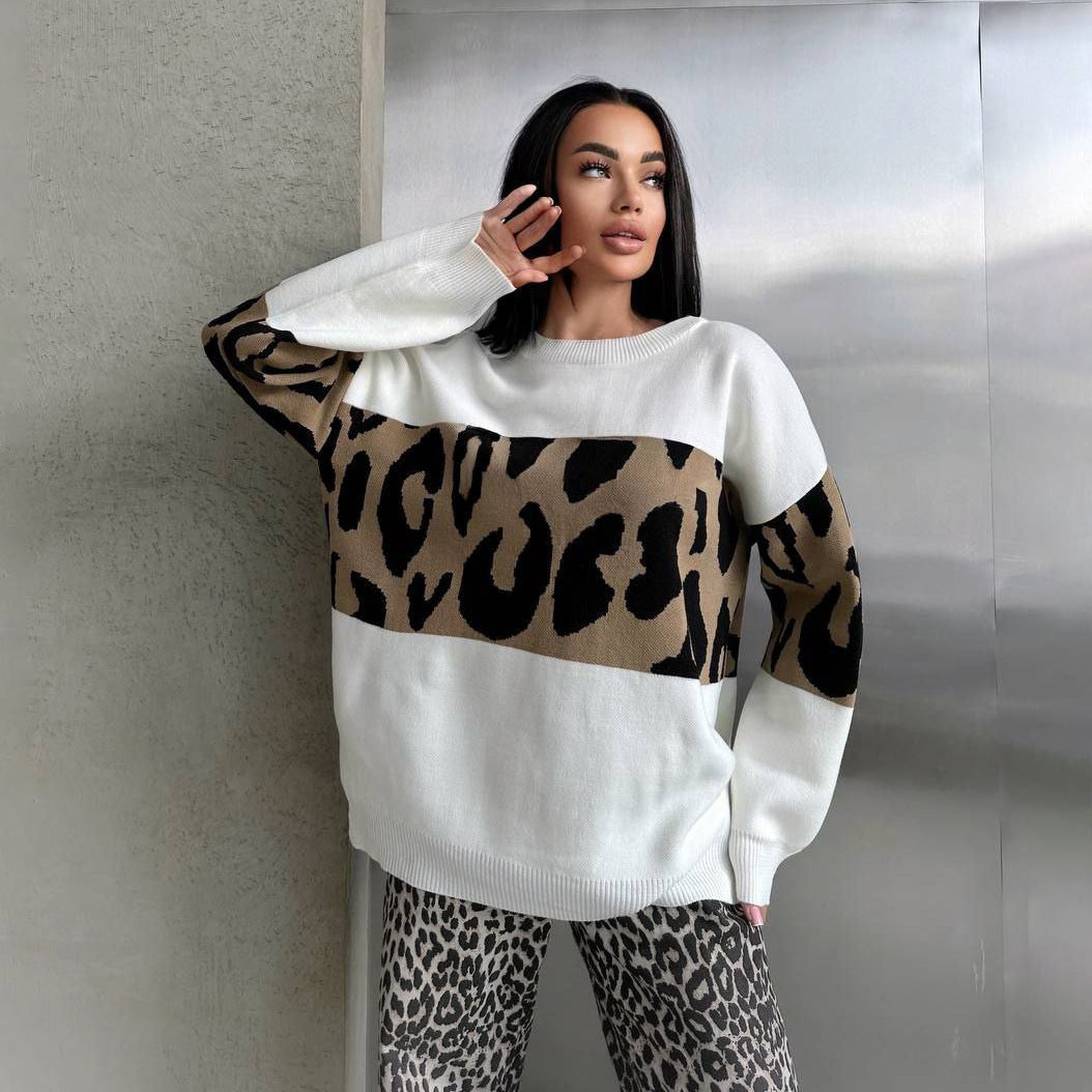 Women's Fashionable Leopard Print Loose Casual Long Sleeves Round Sweaters