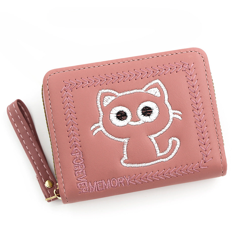 Women's Embroidered Kitty Short Multiple Slots Zipper Ladies Wallets