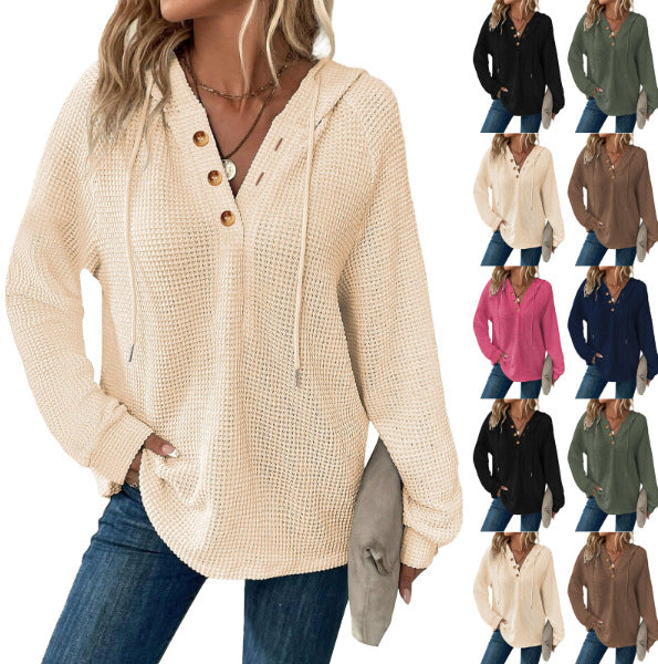 Women's Solid Color Waffle Hooded Button Loose Long Women's Sweater, Sweater