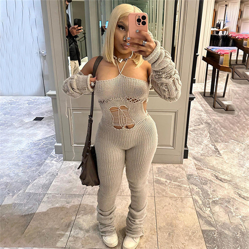 Women's Sexy Backless Lace Up Halter Knitted Pants