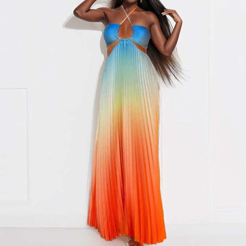 Women's Color Halter Pleated Fashion Long Beach Skirts