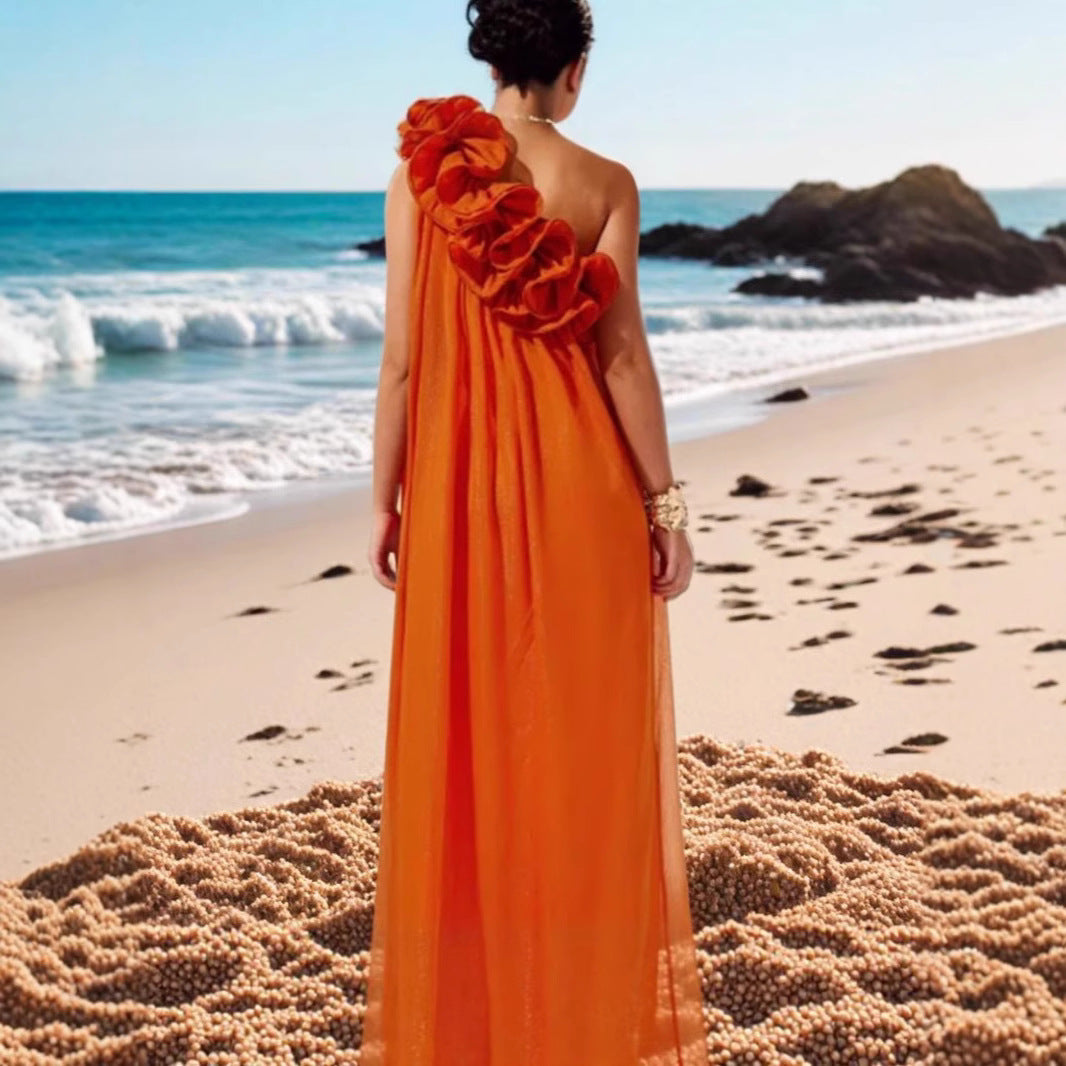 Women's Solid Color Three-dimensional Embossed Strapless Sloping Dresses