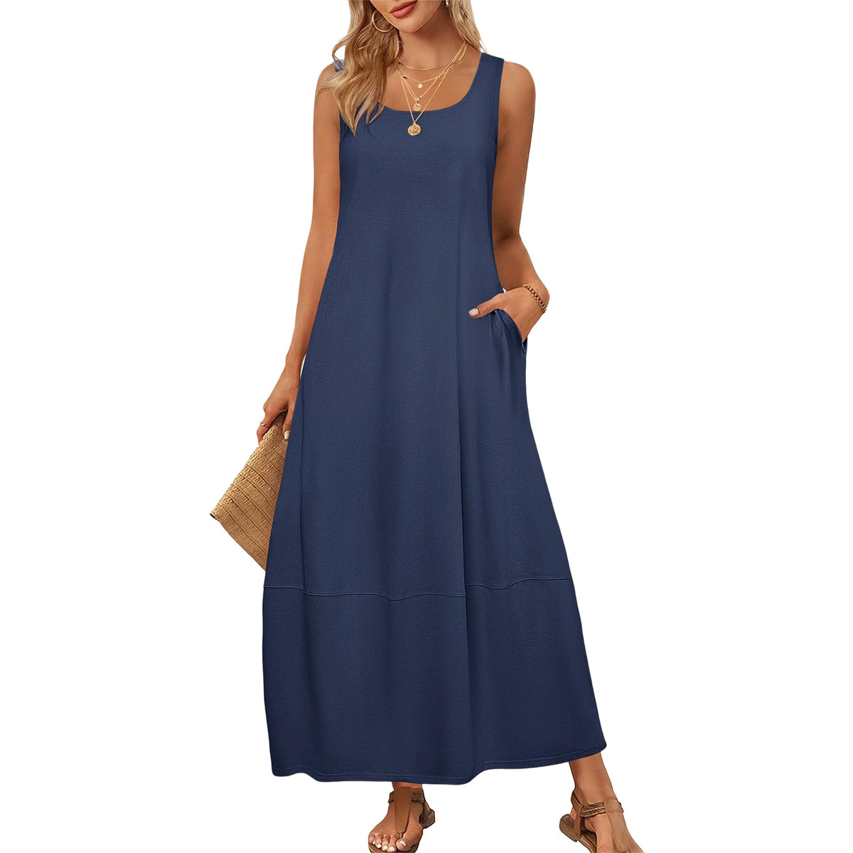 Women's Solid Color Pocket Sleeveless Casual Holiday Dress