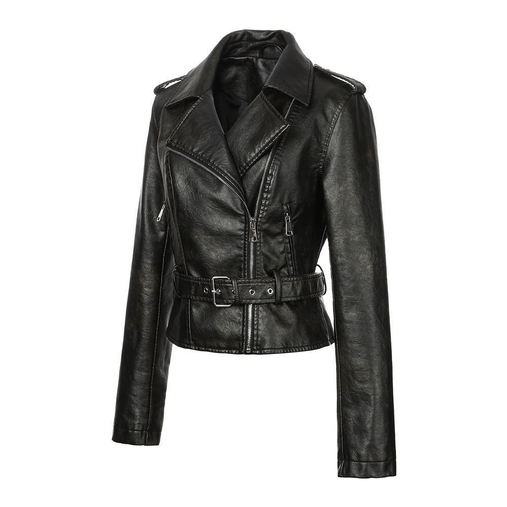 Women's Motorcycle Leather Lapel Epaulet Design Back Jackets