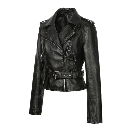 Women's Motorcycle Leather Lapel Epaulet Design Back Jackets
