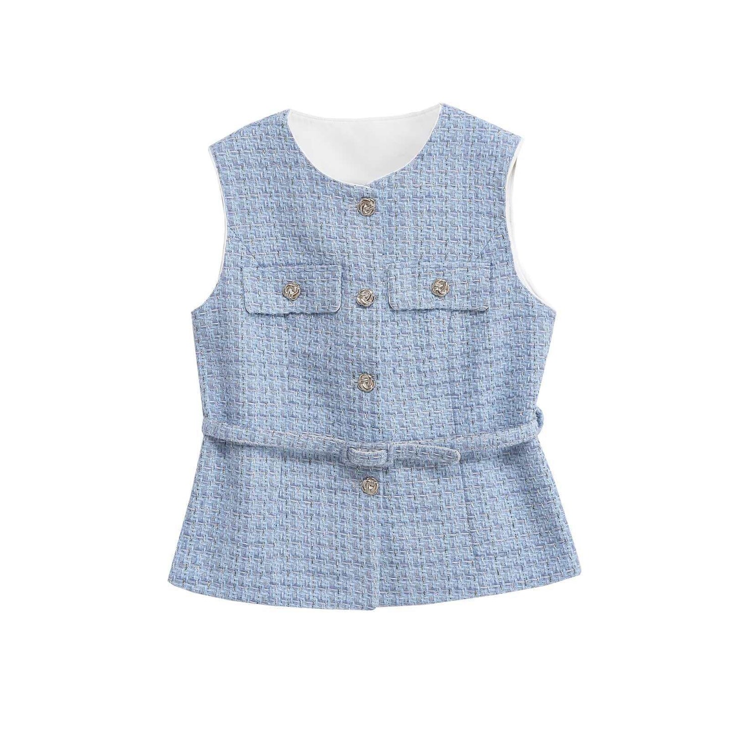 Women's Round Neck Decorative Waist Belt Classic Tops
