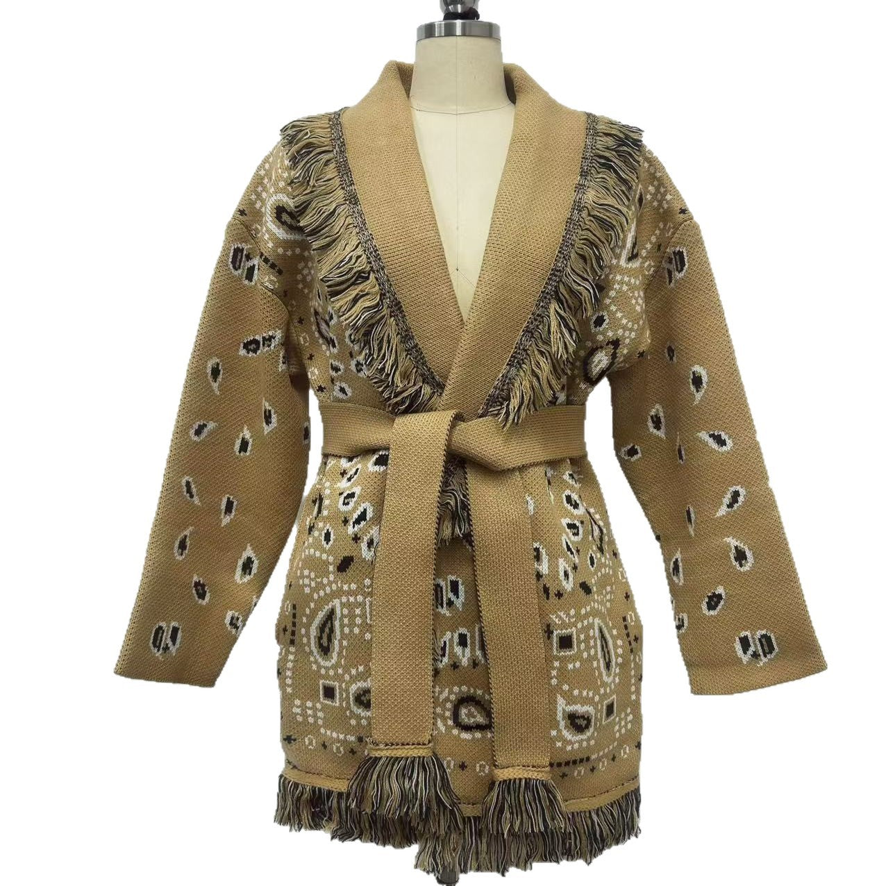 Women's Thick Tassel Jacquard Mid-length Loose Color Matching Sweaters