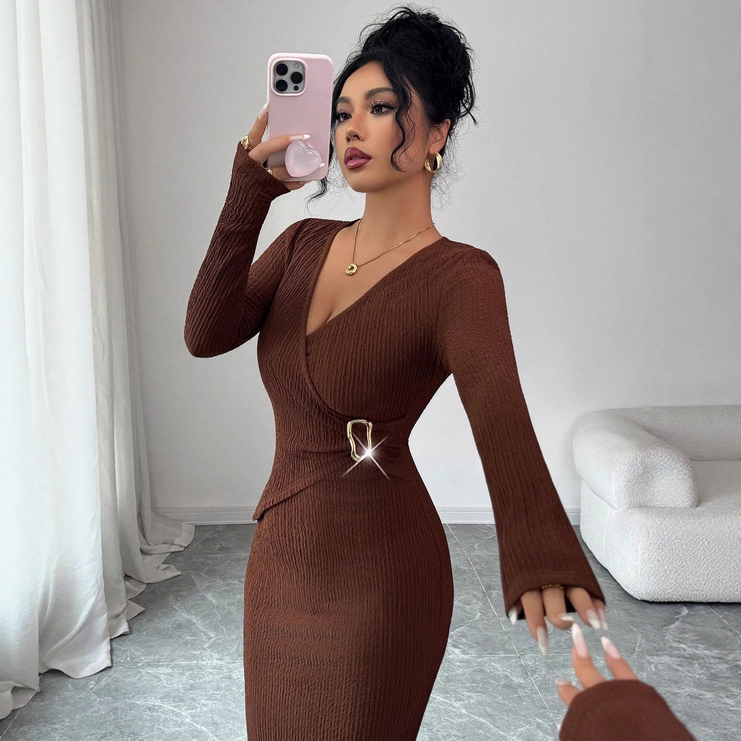 Women's Collar Knitted Texture Solid Color Slim Dresses