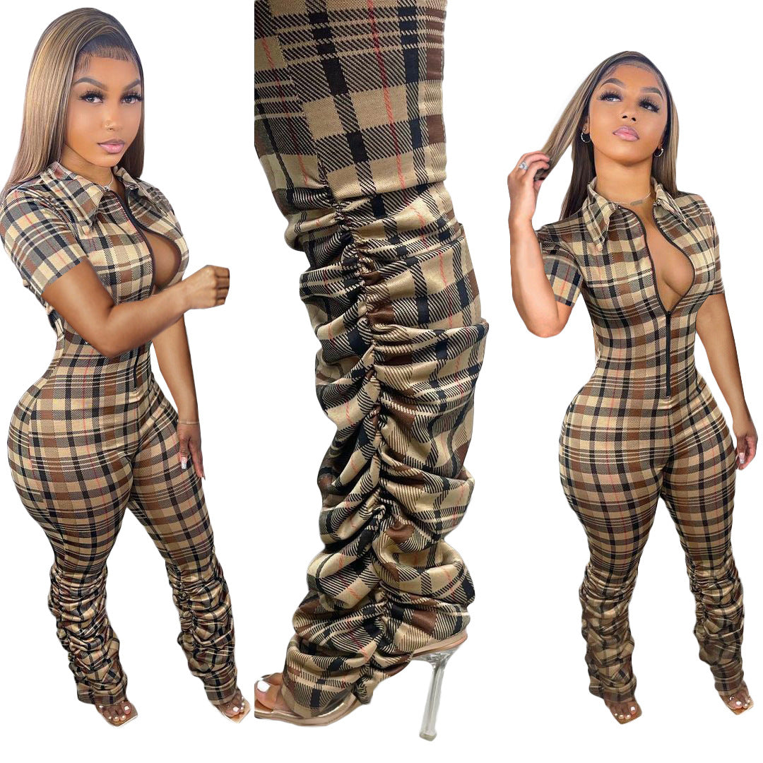 Women's Printed Checks Pleated Zipper Short-sleeved Pants