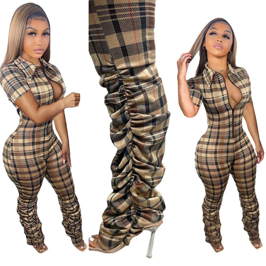 Women's Printed Checks Pleated Zipper Short-sleeved Pants