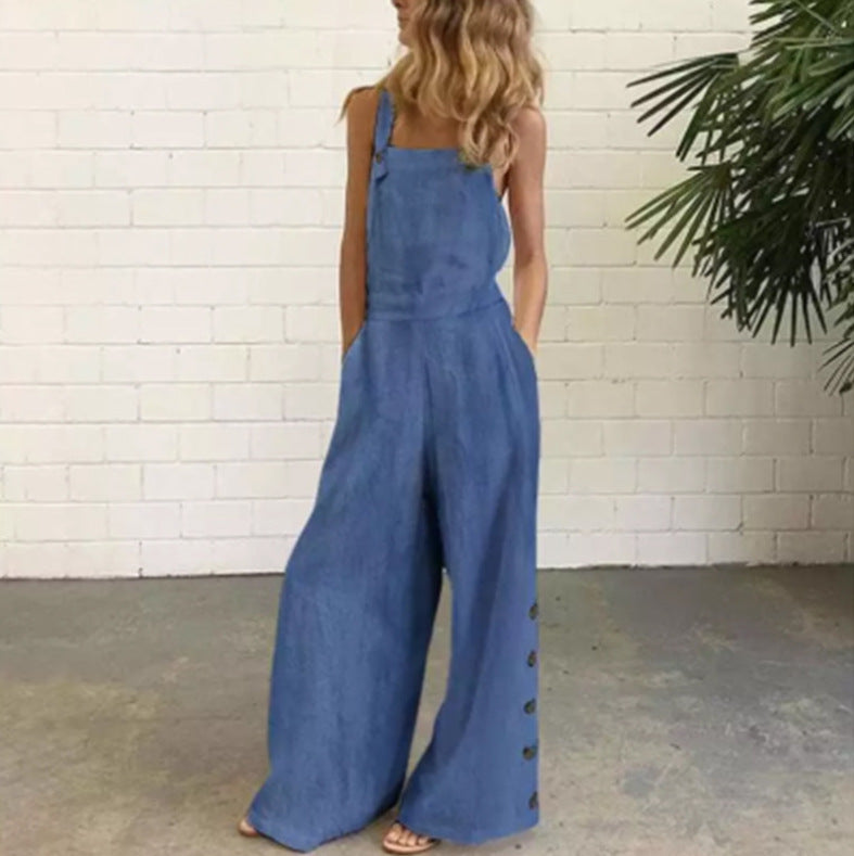 Women's Color Sleeveless Side Pocket Casual Wide Leg Women's Jumpsuit/clothing